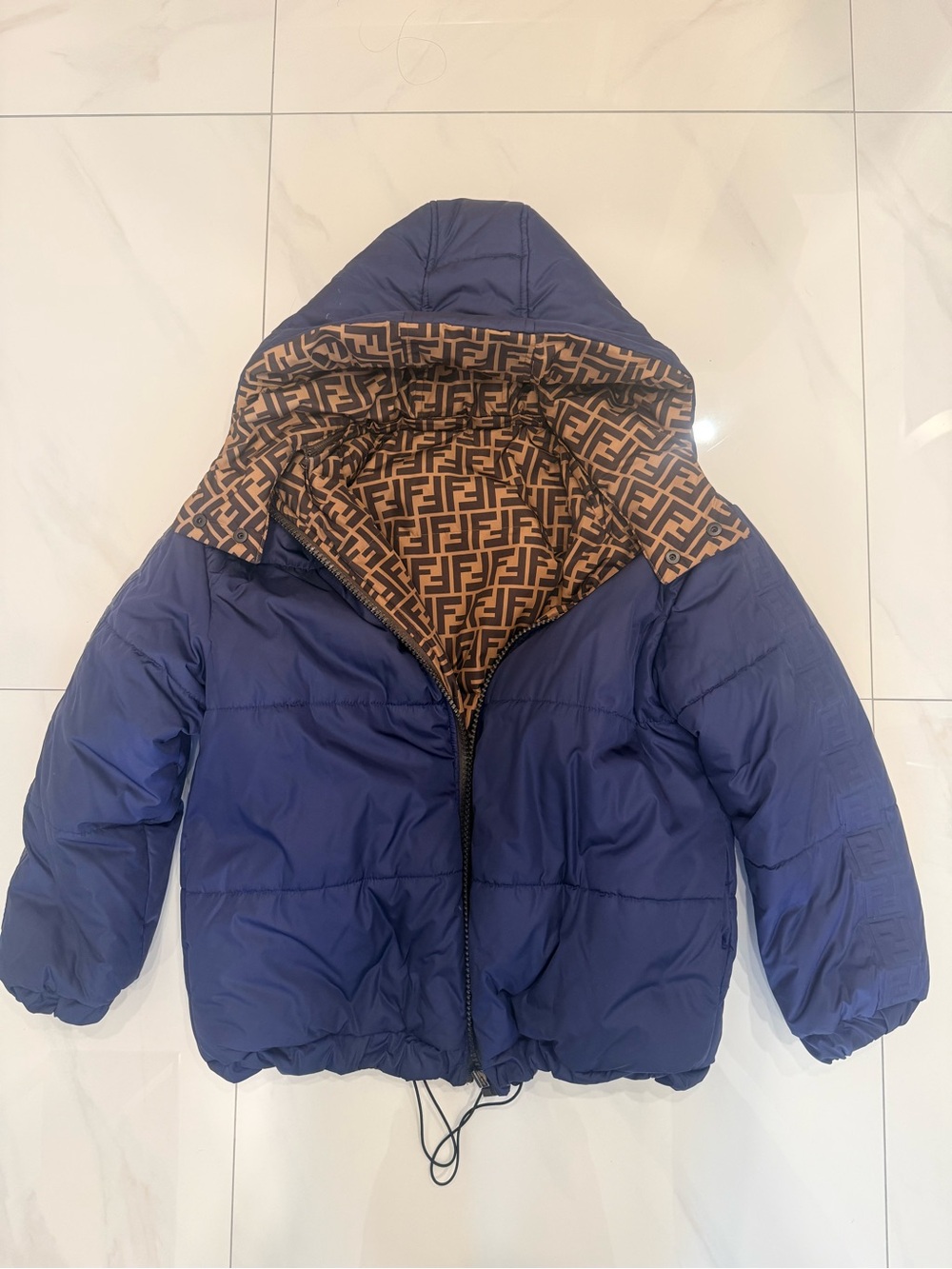 Fendi Kids oversized Navy Hooded Puffer Jacket reversible